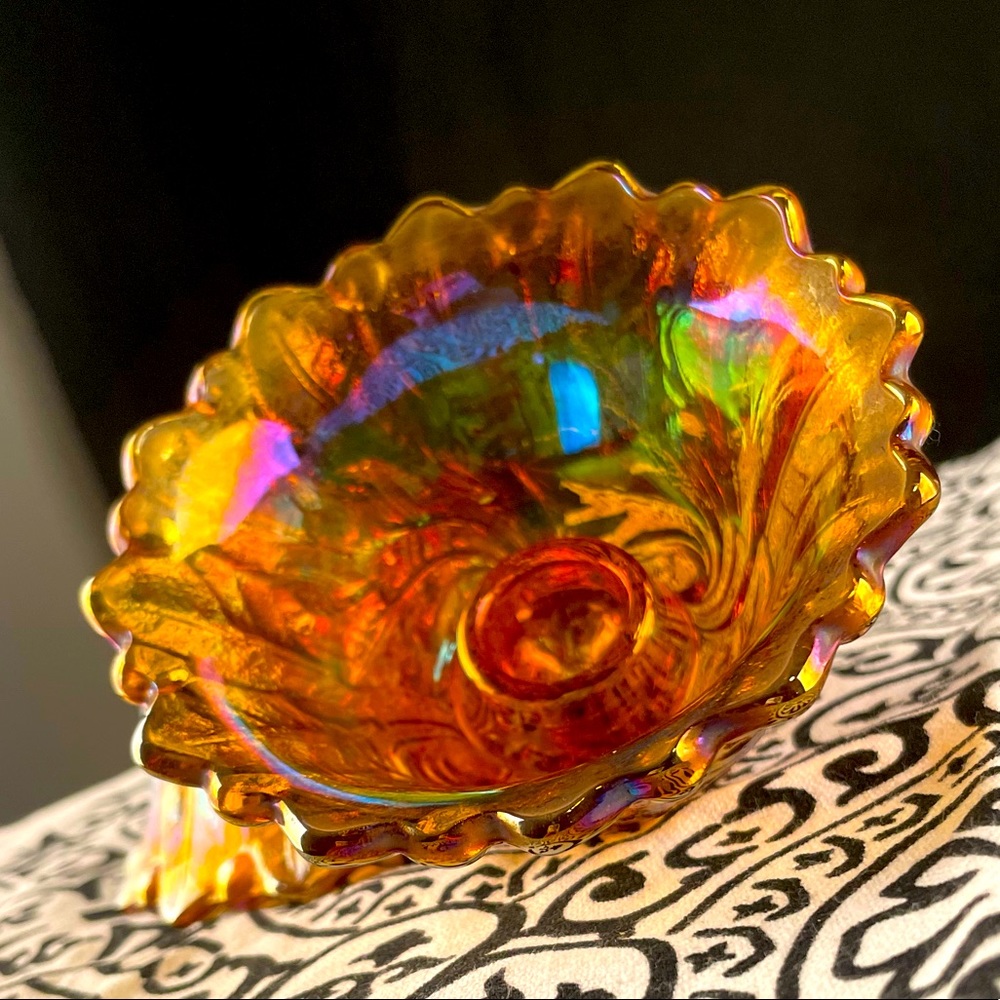 TWO Vintage 1970’s Indiana Glass Amber Carnival Glass Candlestick Holder